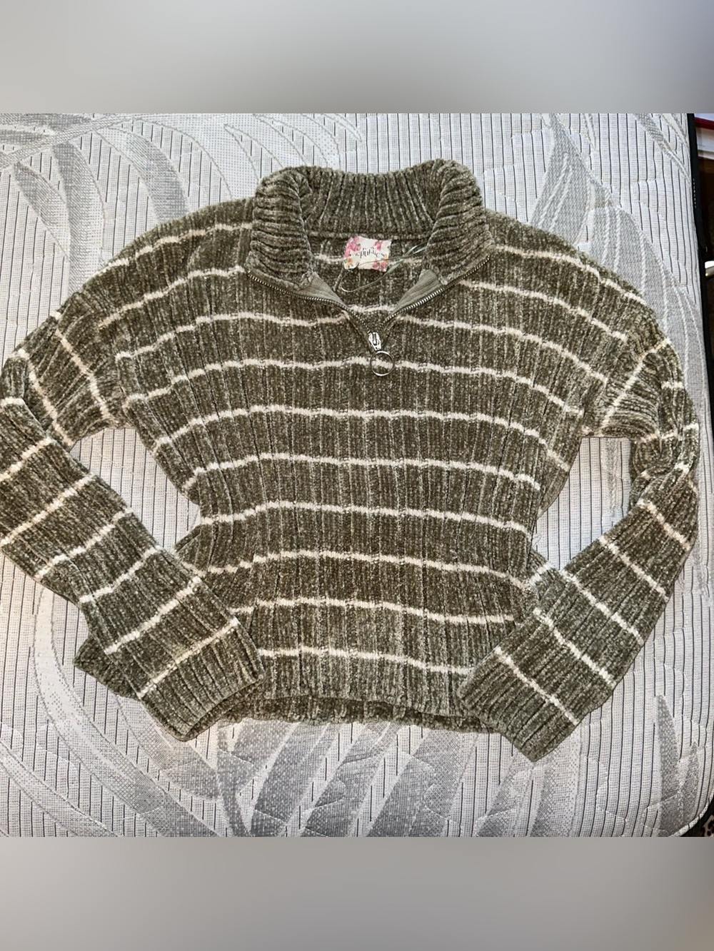 white and green striped quarter zip sweater
